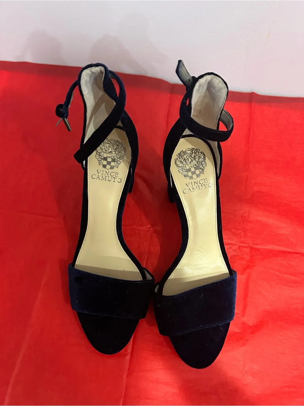 Vince Camuto Navy Velvet Open-Toe Ankle-Strap Heels